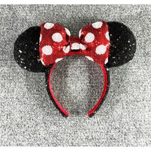 Disney Parks Minnie Mouse Sequined Ear Headband Red White Polka Dot Bow Black